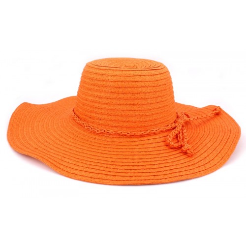 Wide Brim Hat - Straw Hat- Paper Straw Hat w/ Lace Band - Orange - HT-ST1160OR
